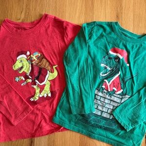Cat & Jack Red and Green Dinosaur Holiday Long Sleeve Tees